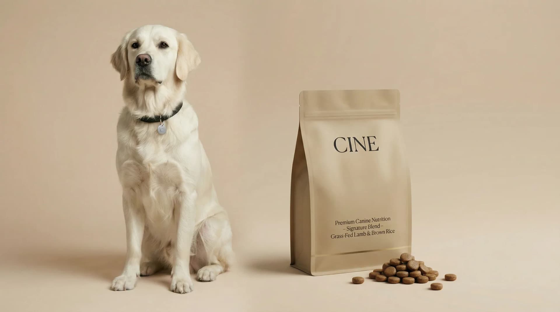 Golden retriever sitting beside a CINE dog food pouch on a beige backdrop
