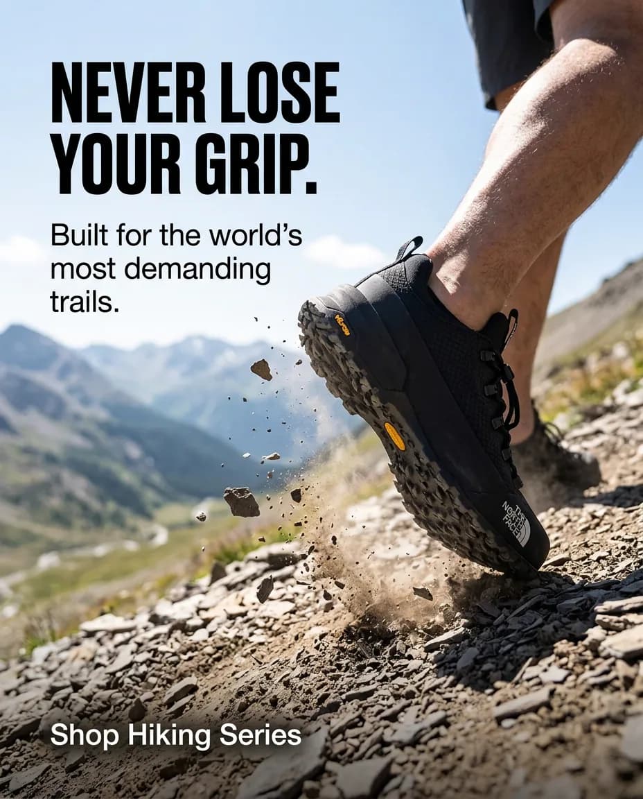 'Never lose your grip' trail shoe ad on a rocky mountain path